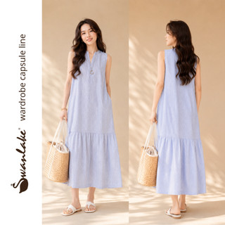 SWANLAKE | Váy Đầm Nữ Suông Đuôi Cá Sát Nách Cotton Sọc Cổ Trụ Xẻ V Cài Nút Đi Chơi Dạo Phố D13912
