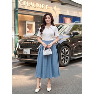 Chân Váy 𝐂𝐂𝐇𝐀𝐓 Dáng Xòe Midi Velia Cạp Liền Xếp Ly Chất Liệu Đũi Xước Cao Cấp 16CDS2036XT