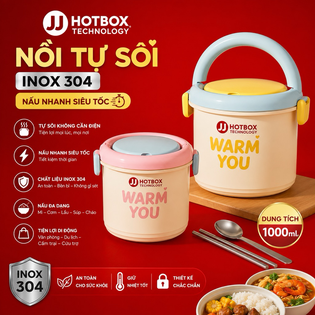 Nồi tự sôi inox 304 +5 gói tự sôi 40g(dung tích 1000ml)sinh viên ,văn phòng ,dự phòng thiên tai bão lũ