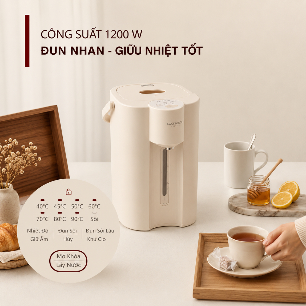 Bình Thủy Điện Lock&King LK1050 5L 1200W Đun Sôi Nhanh Giữ Ấm 48 Giờ Lõi Thủy Tinh Inox 304