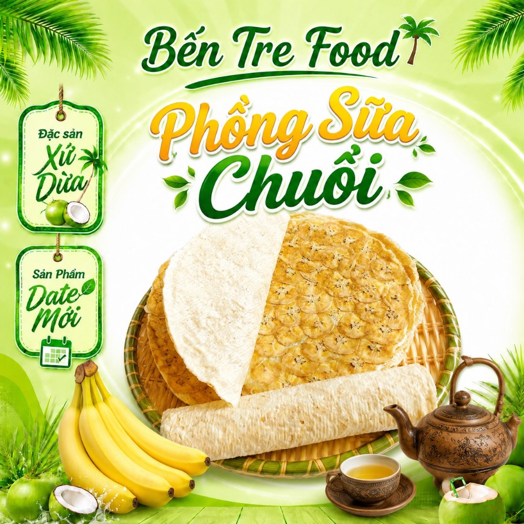Bánh phồng sữa ép chuối Bến Tre túi 480gr (10 bánh) thơm ngọt vị chuối đồ ăn vặt