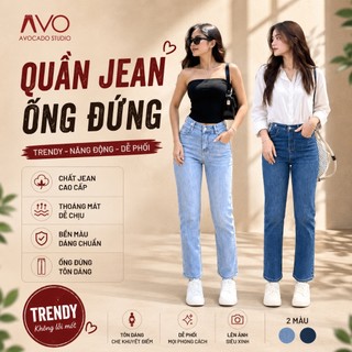 Quần jean bò nữ ống đứng cạp cao co dãn Avo Avocado lưng cao tôn dáng cao cấp phong cách Hàn Quốc
