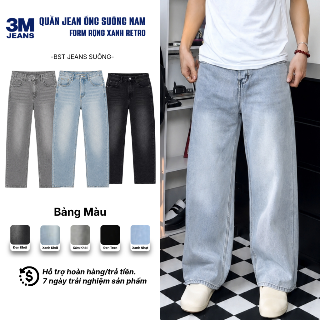Quần Jean Nam Ống Suông Rộng Xanh Grey , Dirty Blue Cạp Cao Chất Jean Mềm Tôn dáng , Che khuyết điểm - KH.MEN