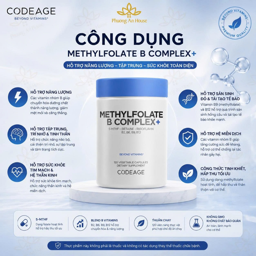 Viên uống bổ não tăng cường trí nhớ Codeage Methylfolate B Complex 120 Viên