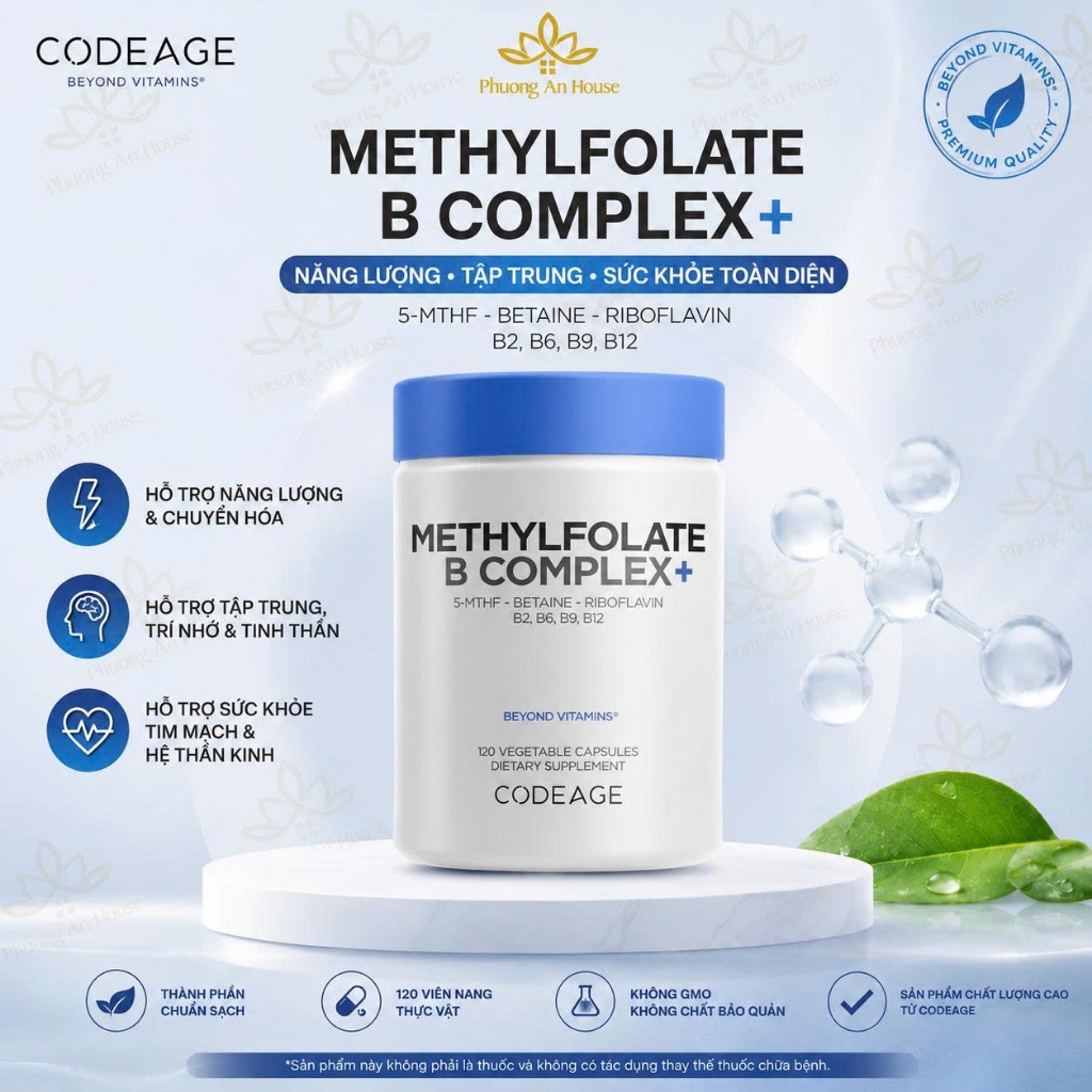 Viên uống bổ não tăng cường trí nhớ Codeage Methylfolate B Complex 120 Viên