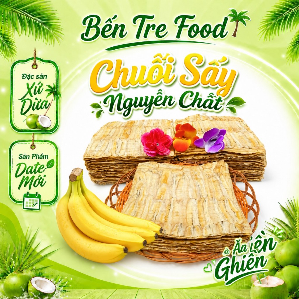 Chuối Sấy Nguyên Chất  Bến Tre không đường chưa nướng túi 500gr