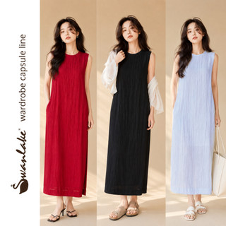 SWANLAKE | Váy Đầm Dài Dáng Suông Trơn Xẻ Tà Sát Nách Cổ Tròn Tơ Dập Ly Lót Cotton Có Túi D11719