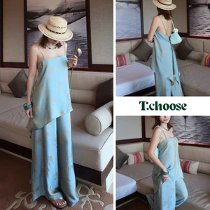 Set lụa áo 2 dây in hoa + quần lụa ống rộng TCHOOSE