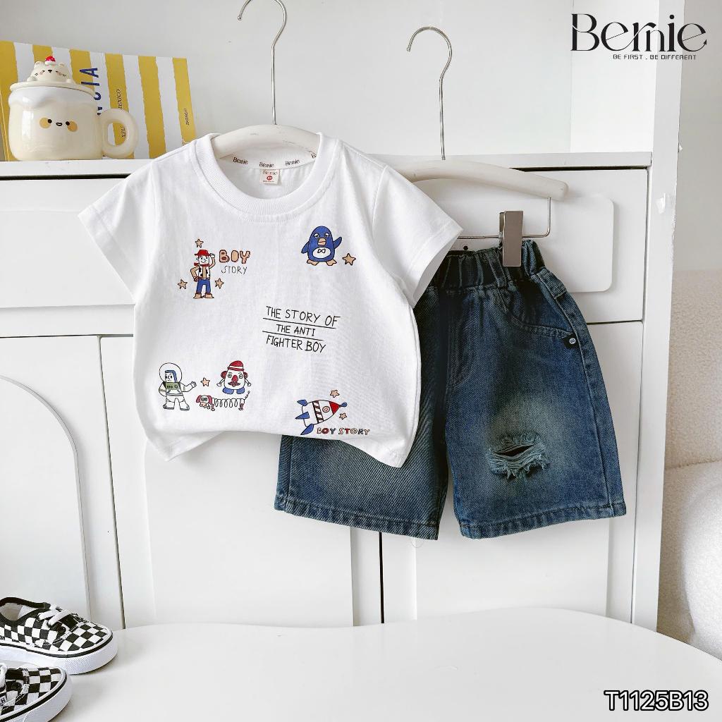 (Hãng Bernie)Bộ quần áo cộc tay BOY STORY vui nhộn họa tiết phi hành gia,áo cotton co giãn phối quần jean rách mềm mại