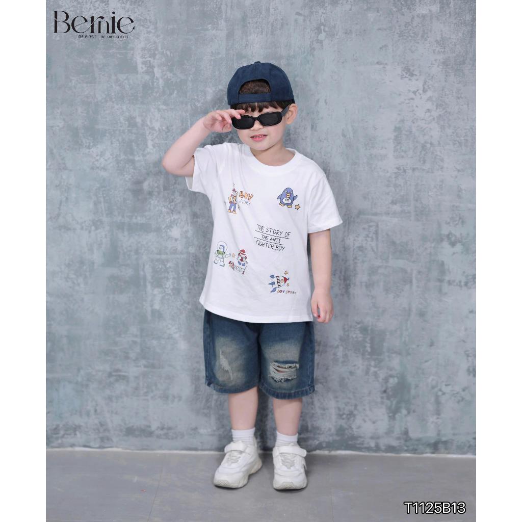 (Hãng Bernie)Bộ quần áo cộc tay BOY STORY vui nhộn họa tiết phi hành gia,áo cotton co giãn phối quần jean rách mềm mại