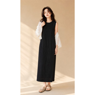 SWANLAKE | Váy Đầm Dài Dáng Suông Trơn Xẻ Tà Sát Nách Cổ Tròn Tơ Dập Ly Lót Cotton Có Túi D11719