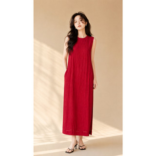 SWANLAKE | Váy Đầm Dài Dáng Suông Trơn Xẻ Tà Sát Nách Cổ Tròn Tơ Dập Ly Lót Cotton Có Túi D11719