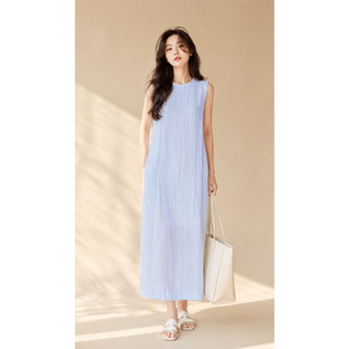 SWANLAKE | Váy Đầm Dài Dáng Suông Trơn Xẻ Tà Sát Nách Cổ Tròn Tơ Dập Ly Lót Cotton Có Túi D11719