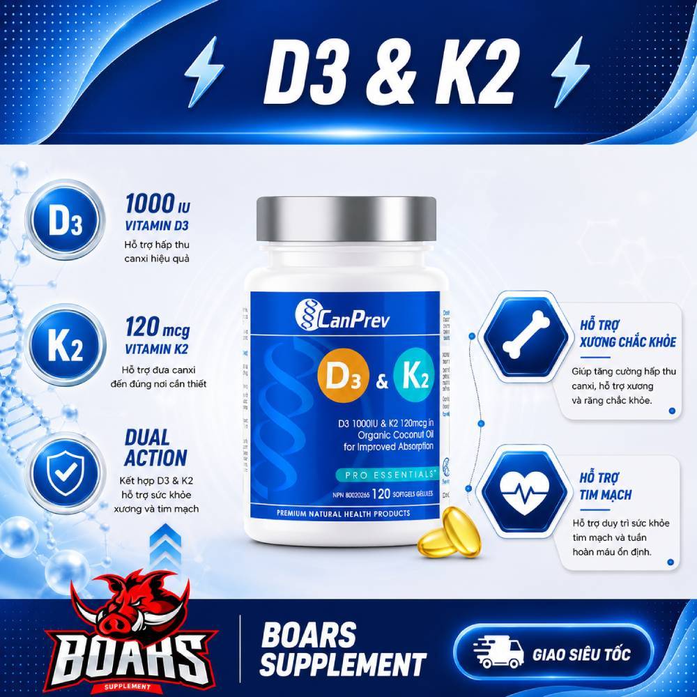 CanPrev Vitamin D3 K2 Dầu Dừa Hữu Cơ – 120 Viên