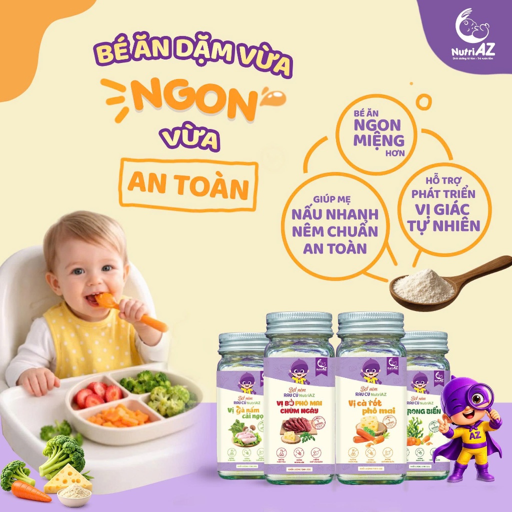 Hạt Nêm Cho Bé Ăn Dặm NutriAZ, Gia Vị Ăn Dặm Rau Củ An Toàn Cho Bé Từ 6 Tháng Tuổi, Không Muối