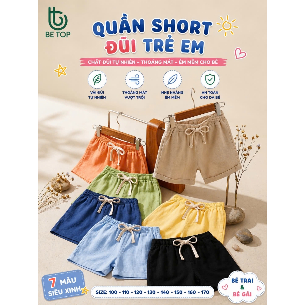 Quần Đùi Vải Đũi Cho Bé BETOP, Quần Sooc Unisex Bé Trai Bé Gái, Mềm Mát Thoáng Khí Cho Bé 10-45kg (QT011)
