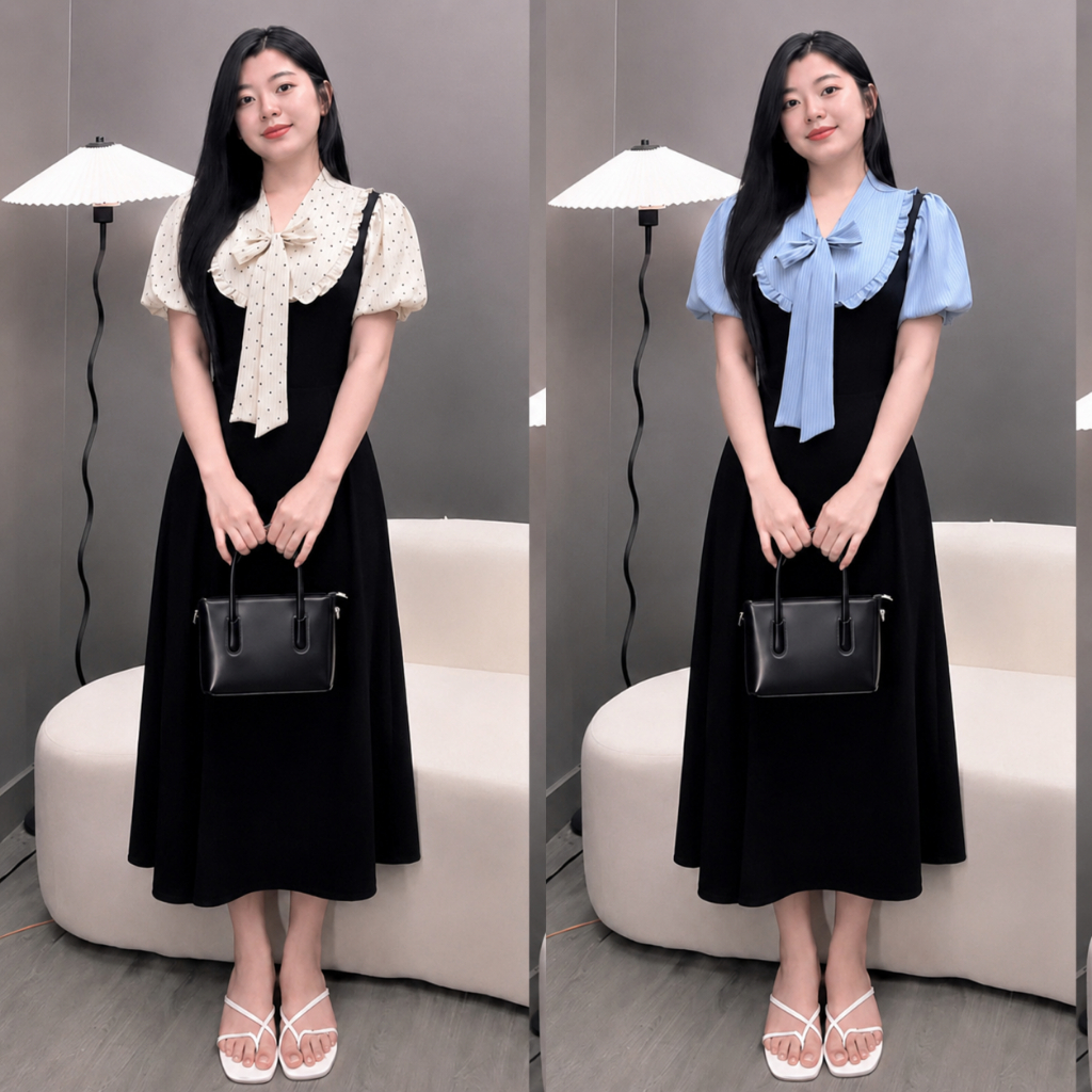Đầm Bigsize Nữ Cổ Nơ Phối Màu Tay Phồng Dáng Xòe Thanh Lịch Đi Làm Đi Chơi Dự Tiệc Từ 58-92kg A695