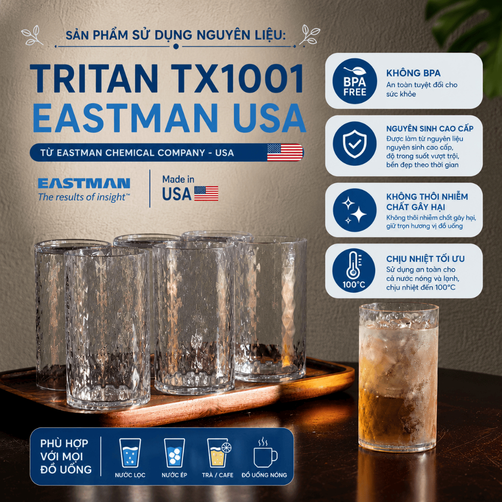 Bộ 6 Cốc Nhựa Tritan Cao Cấp NC Plastic 400ml BPA Free - Đạt Kiểm Định SGS, QCVN 12-1:2011/BYT, Chịu Nhiệt 100°C