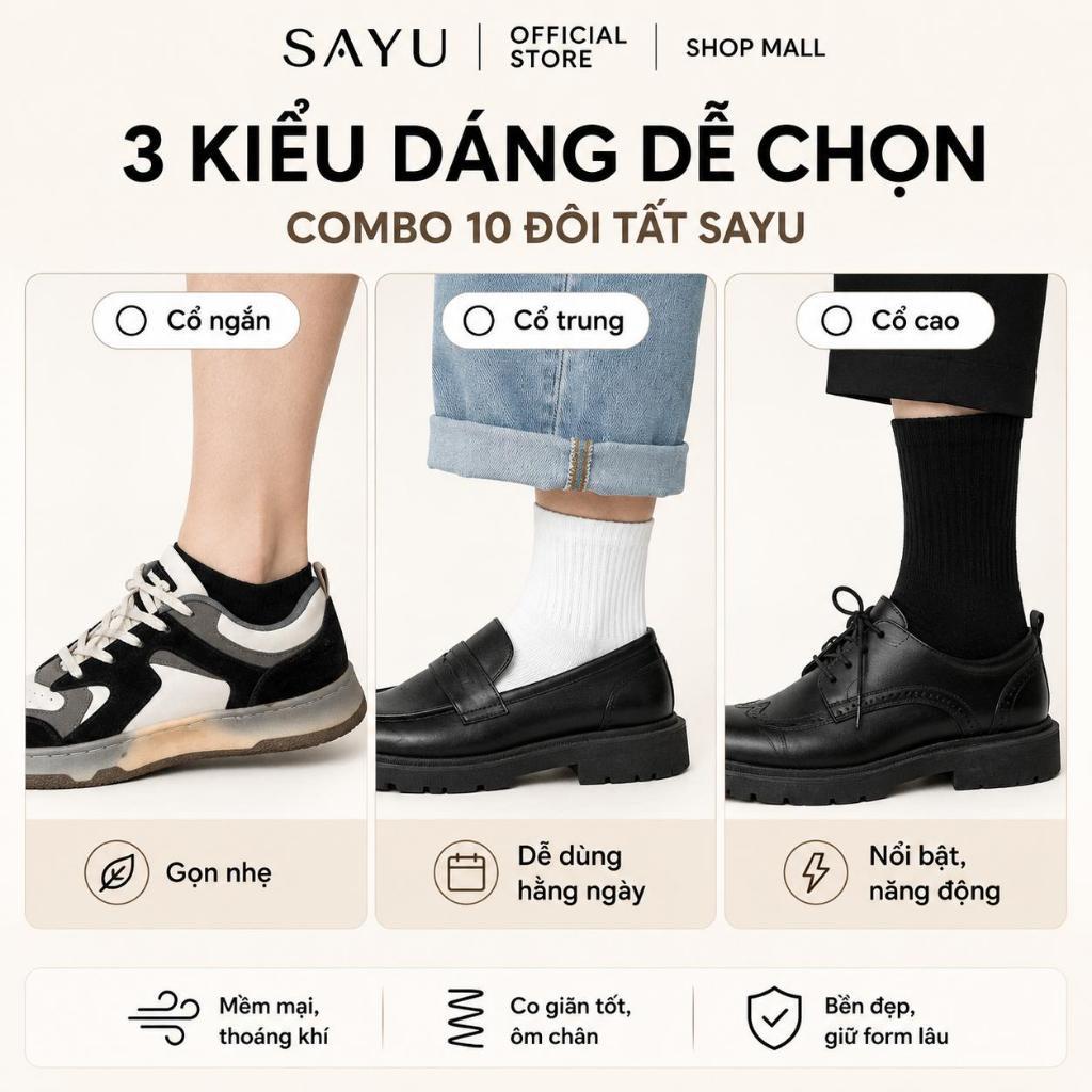 Combo 5 Đôi Vớ Trơn Unisex Nam Nữ SAYU Basic Cao Cấp Đủ Dáng Cổ Ngắn Trung Cao