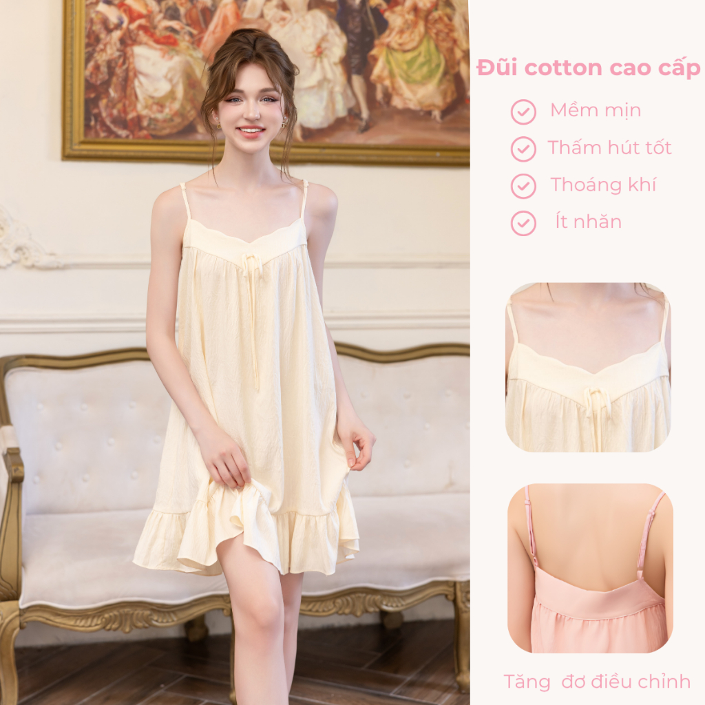 Váy Ngủ Babydoll 2 Dây Nữ Đũi Cotton Cao Cấp – Váy Ngủ Xòe Tiểu Thư Mặc Nhà Mềm Mát