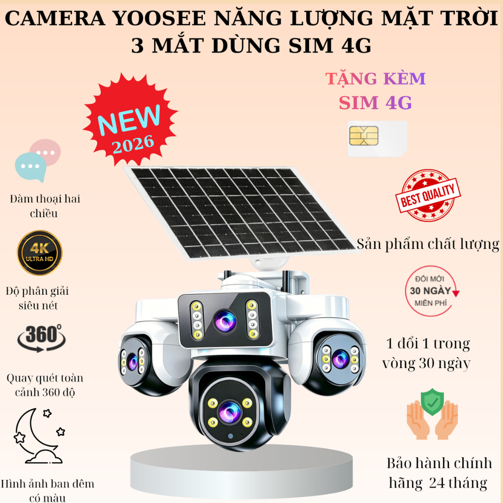 (Lỗi 1 đổi 1) Camera YOOSEE 2026 năng lượng mặt trời 3 mắt ngoài trời có khe sim 4G camera không cần điện và wifi tặng