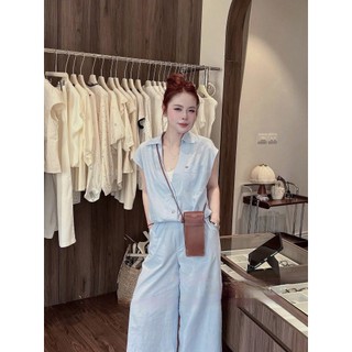 Set bộ sơ mi xanh Loại 1 thiết kế áo tay hến mix quần suông rộng vintage basic trẻ trung