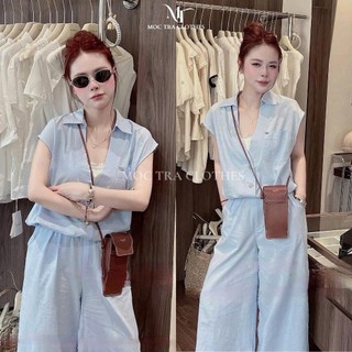 Set bộ sơ mi xanh Loại 1 thiết kế áo tay hến mix quần suông rộng vintage basic trẻ trung