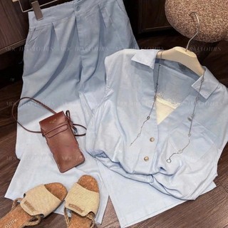 Set bộ sơ mi xanh Loại 1 thiết kế áo tay hến mix quần suông rộng vintage basic trẻ trung