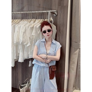 Set bộ sơ mi xanh Loại 1 thiết kế áo tay hến mix quần suông rộng vintage basic trẻ trung