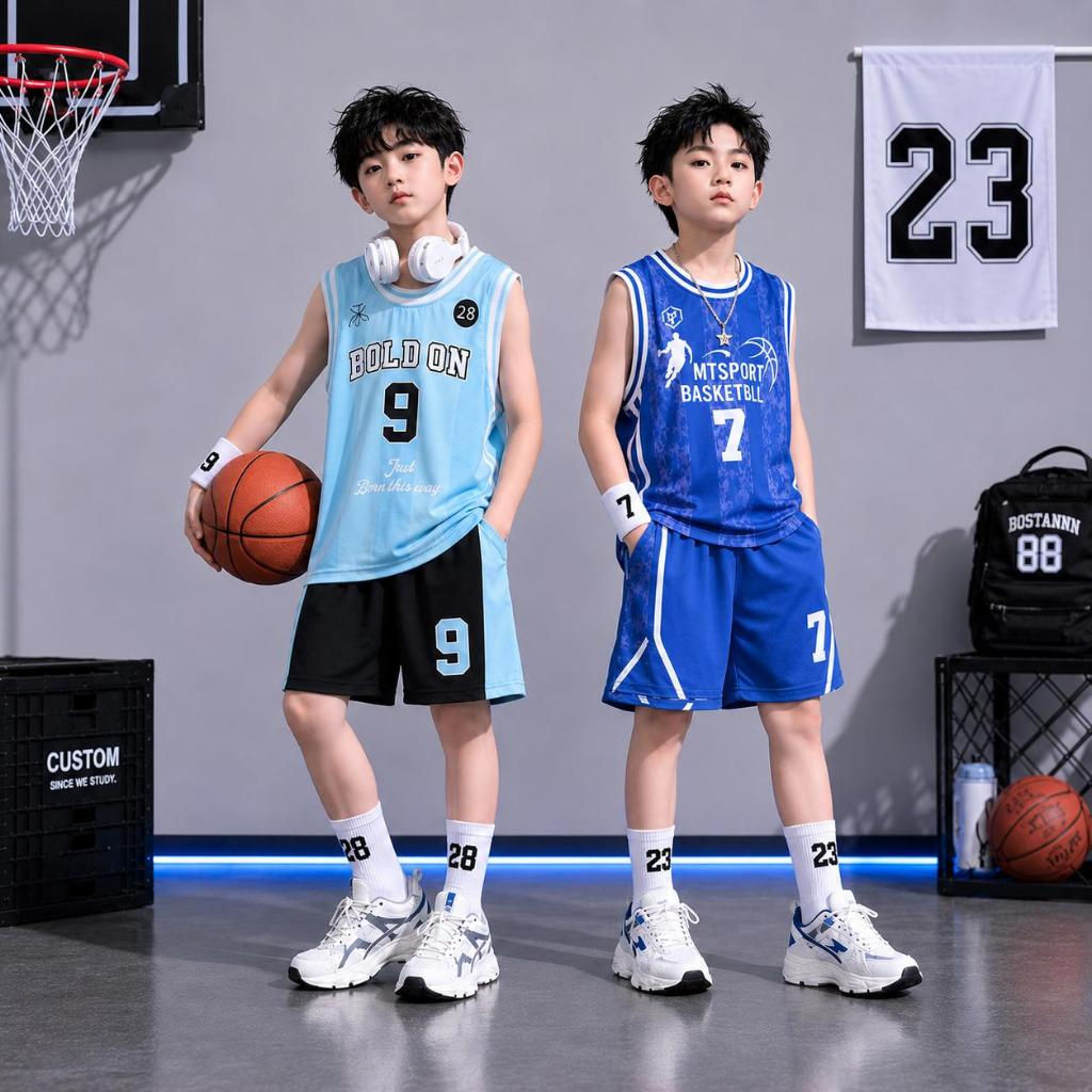 Bộ quần áo sát nách thể thao bé trai, phong cách BÓNG RỔ từ 17-60kg, Chất vải thông hơi mềm, thoáng mát