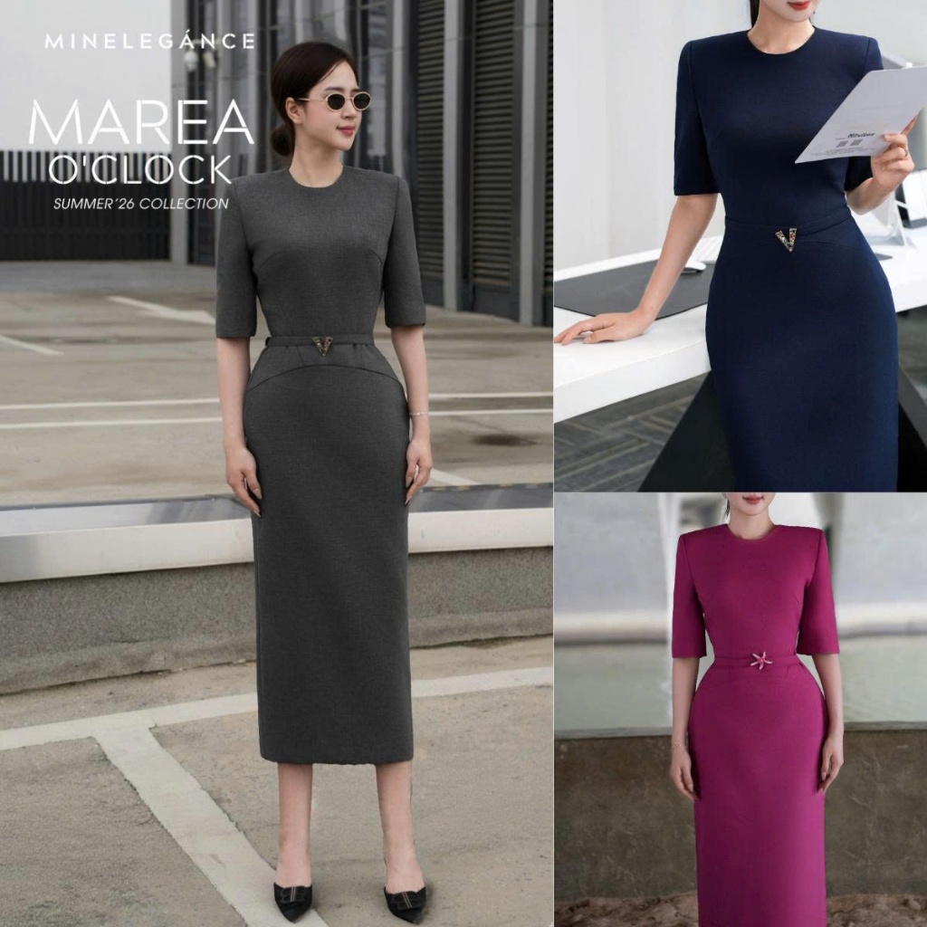 MINELEGÁNCE | VÁY CỔ TRÒN ĐAI ĐÁ DÁNG DÀI, SANG TRỌNG, THANH LỊCH - MIN808