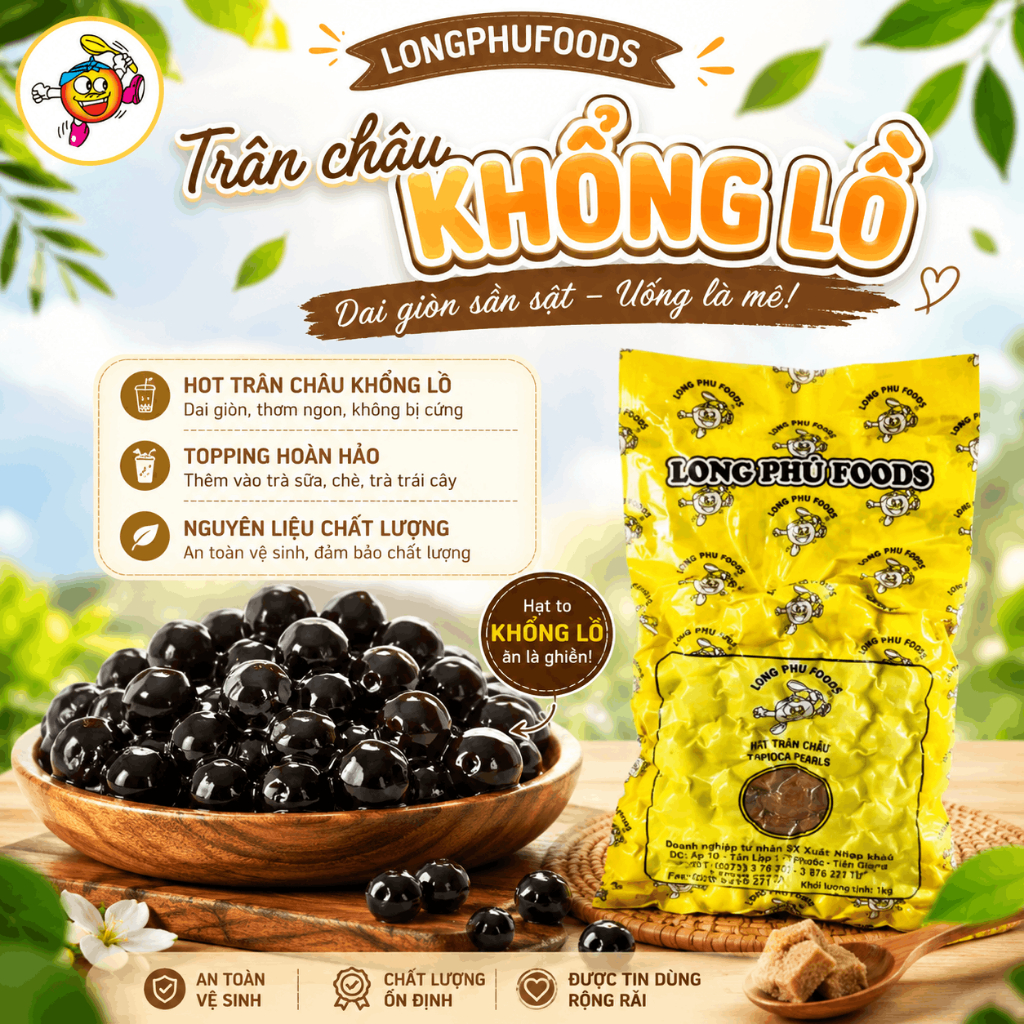 Trân Châu Đen KHỔNG LỒ Thượng Hạng Có Vị Ngọt LONG PHÚ Hạt 18 Ly Gói 1kg - Topping Trà Sữa Milo Dầm Trân Châu Đen Hạt Bự