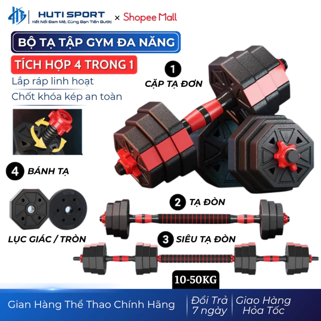 Bộ Tạ Tay Tập Gym Đa Năng Nam Nữ 10kg - 50kg, Tạ Tập Tay Điều Chỉnh Tạ Đẩy, Tạ Đòn, Tạ Ấm Lắp Ghép