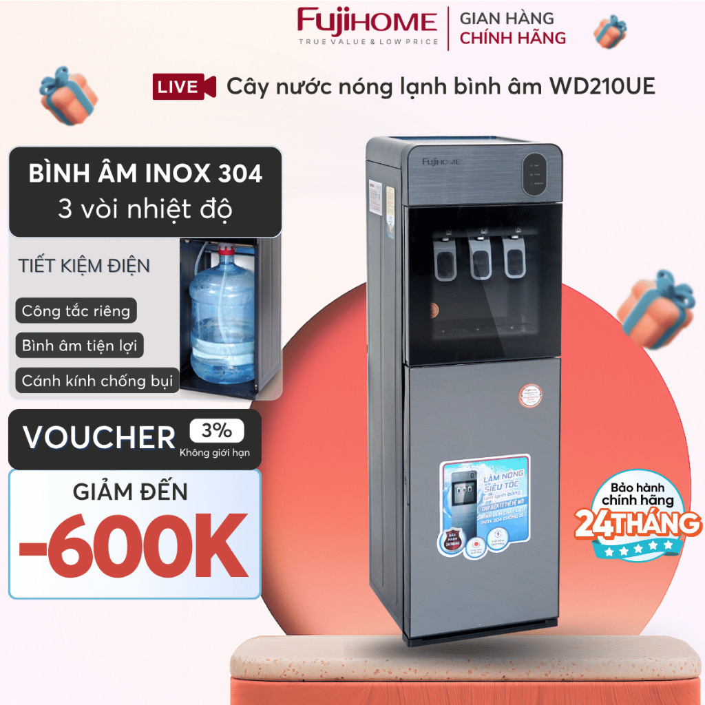 Cây nước nóng lạnh bình âm Nhập Khẩu FUJIHOME WD210UE, Máy lọc nước uống làm lạnh nhanh 3 vòi