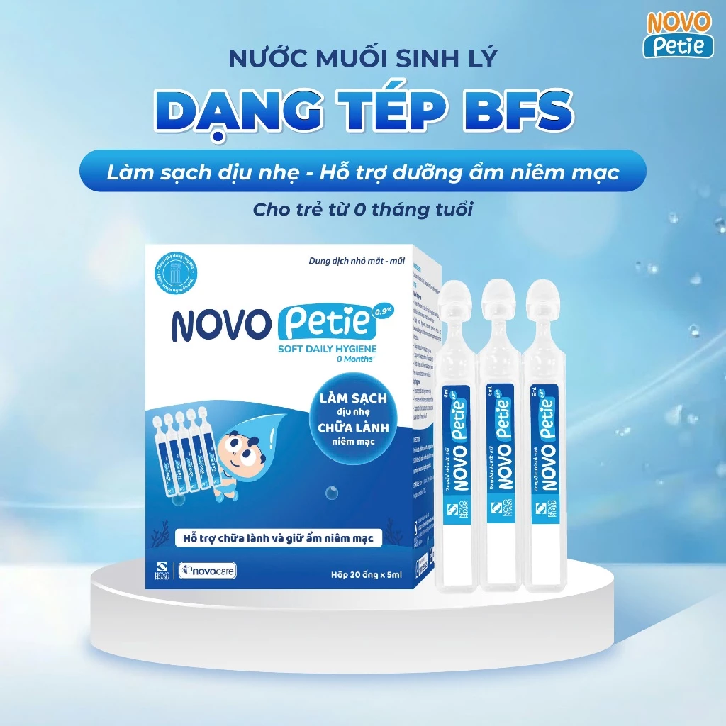 Nhỏ mũi nước muối sinh lý NovoPetie 0.9% dạng tép BFS - làm sạch dịu nhẹ, hỗ trợ dưỡng ẩm niêm mạc mũi, hộp 30 ống