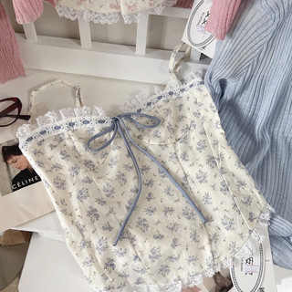 Set Cardigan Len Mỏng Gân Dọc Phối Áo Hai Dây Hoa Nhí Viền Ren Nơ Ngực Nàng Thơ Hàn Quốc Thanh Lịch