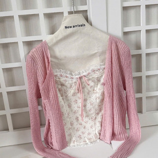 Set Cardigan Len Mỏng Gân Dọc Phối Áo Hai Dây Hoa Nhí Viền Ren Nơ Ngực Nàng Thơ Hàn Quốc Thanh Lịch