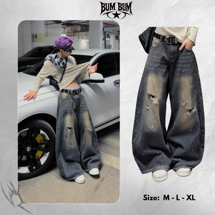 Quần Jeans Ống Cong-BumBum STU- Quần Jean Wide Leg Paint Splash Ripped Bumbum STU