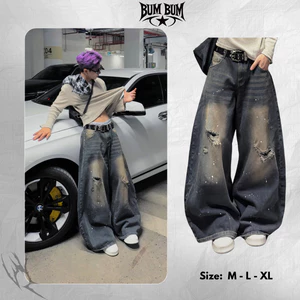 Quần Jeans Ống Cong-BumBum STU- Quần Jean Wide Leg Paint Splash Ripped Bumbum STU