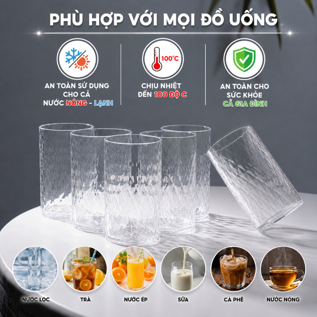 Cốc Tritan Cao Cấp NC Plastic 400ml – Không Chứa BPA, Chịu Nhiệt Đến 100°C, An Toàn Sức Khỏe