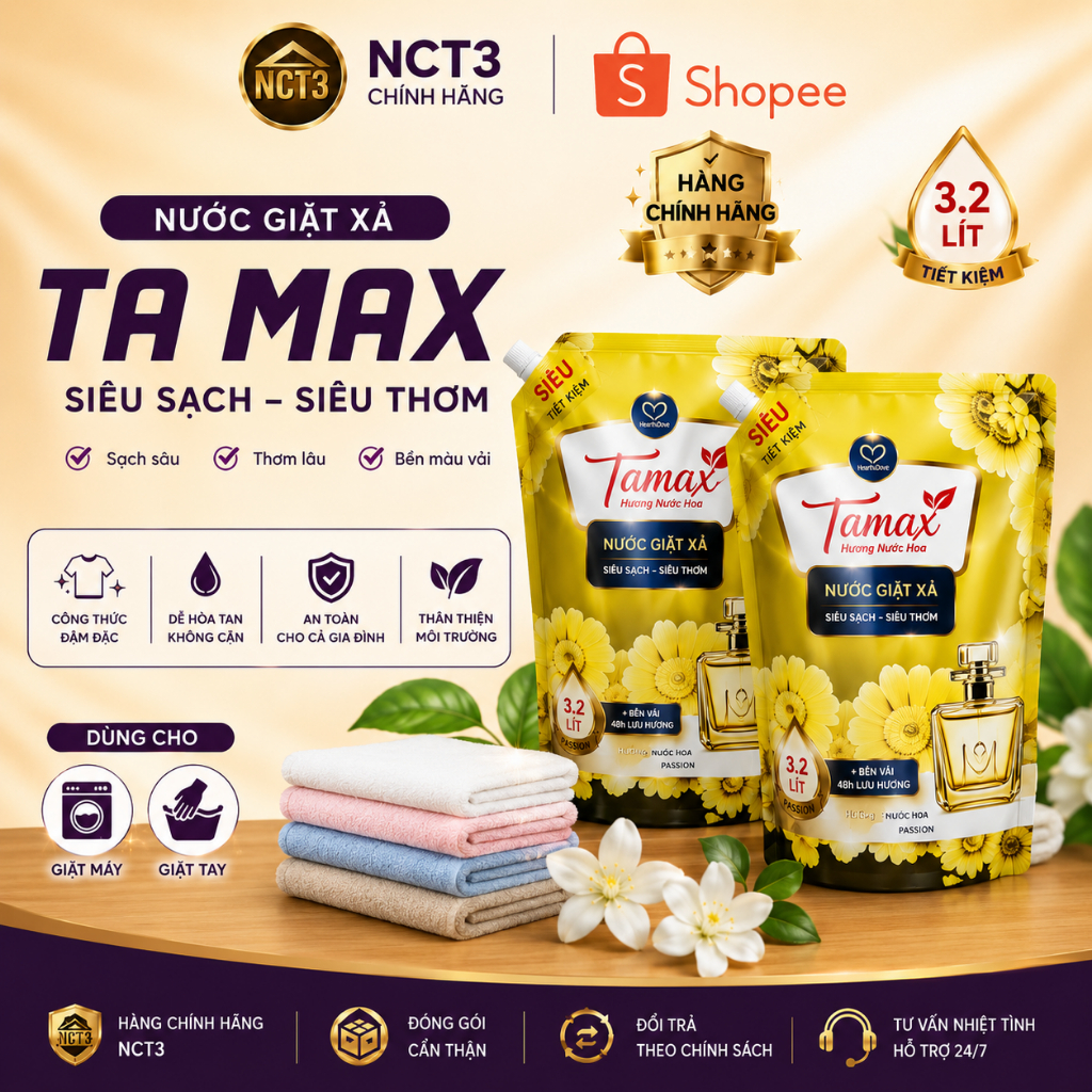 Nước Giặt Xả TA MAX Hương Nước Hoa 3.2L Đậm Đặc Lưu Hương Dài Lâu Dùng Cho Giặt Tay Và Giặt Máy