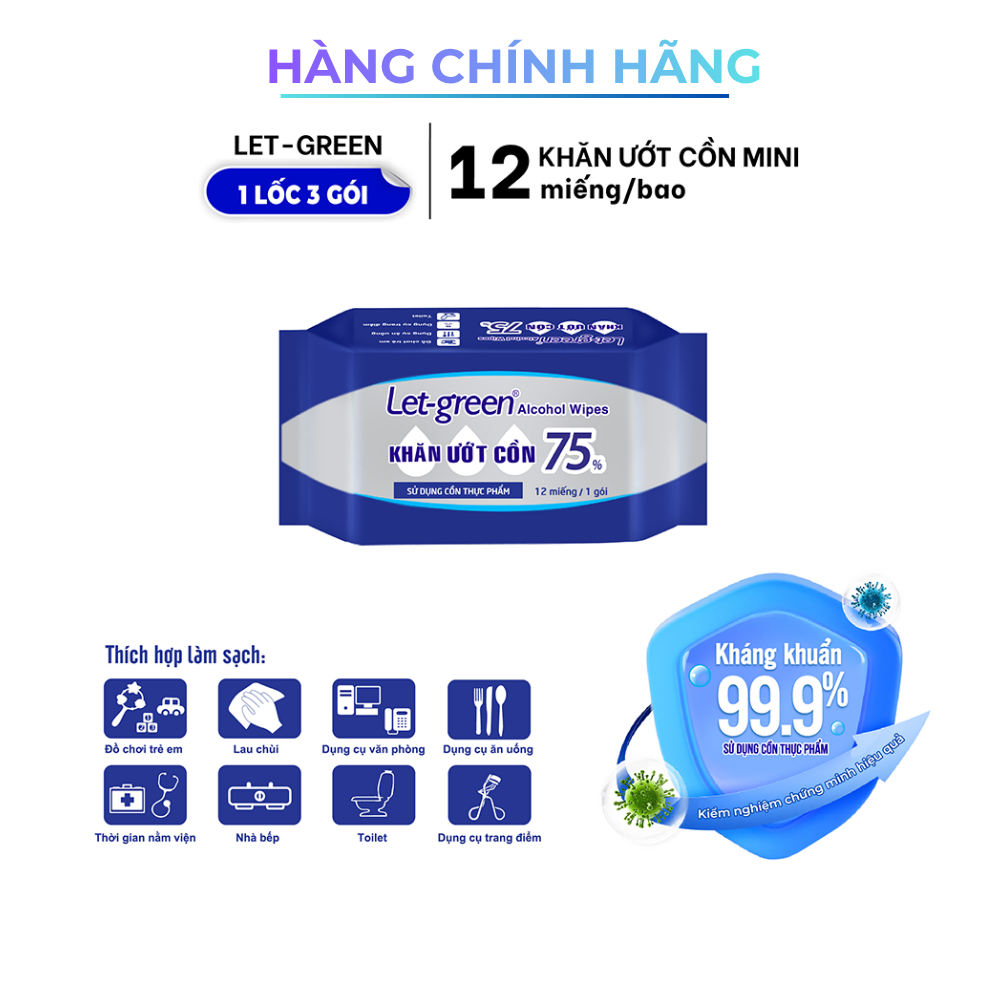 [Hàng Chính Hãng] Lốc 3 Gói Khăn Ướt Cồn Mini LET-GREEN 12 Miếng - Kháng Khuẩn 99% Nhỏ Gọn, Tiện Lợi