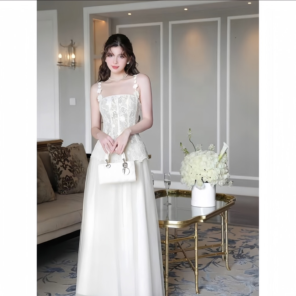 LASY Thời Trang Nữ| Đầm Dự Tiệc 2 Dây Ren Hoa Thiết Kế Tiểu Thư Dáng Xoè