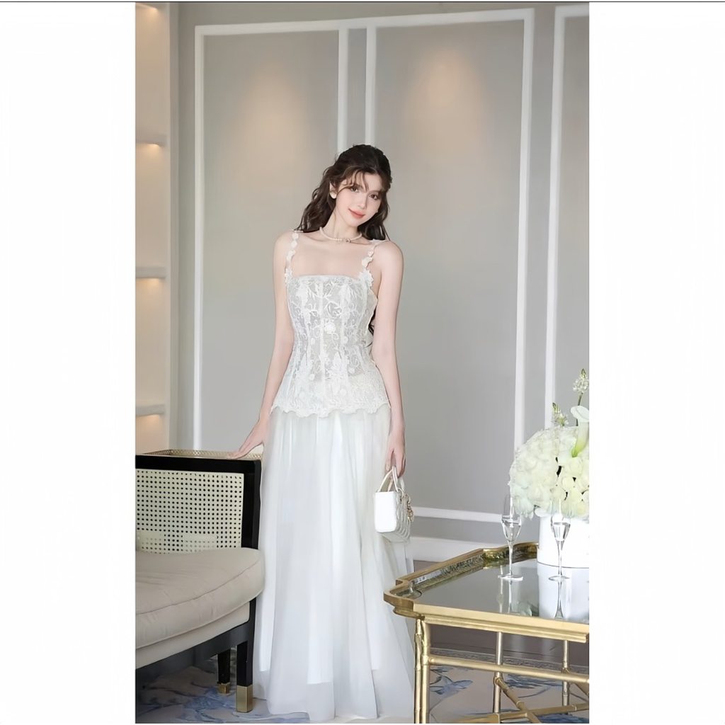 LASY Thời Trang Nữ| Đầm Dự Tiệc 2 Dây Ren Hoa Thiết Kế Tiểu Thư Dáng Xoè