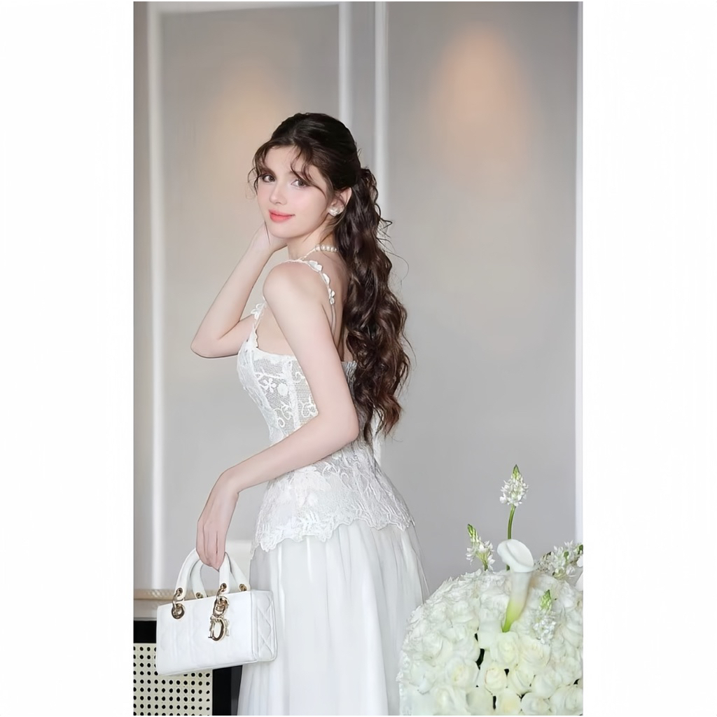 LASY Thời Trang Nữ| Đầm Dự Tiệc 2 Dây Ren Hoa Thiết Kế Tiểu Thư Dáng Xoè