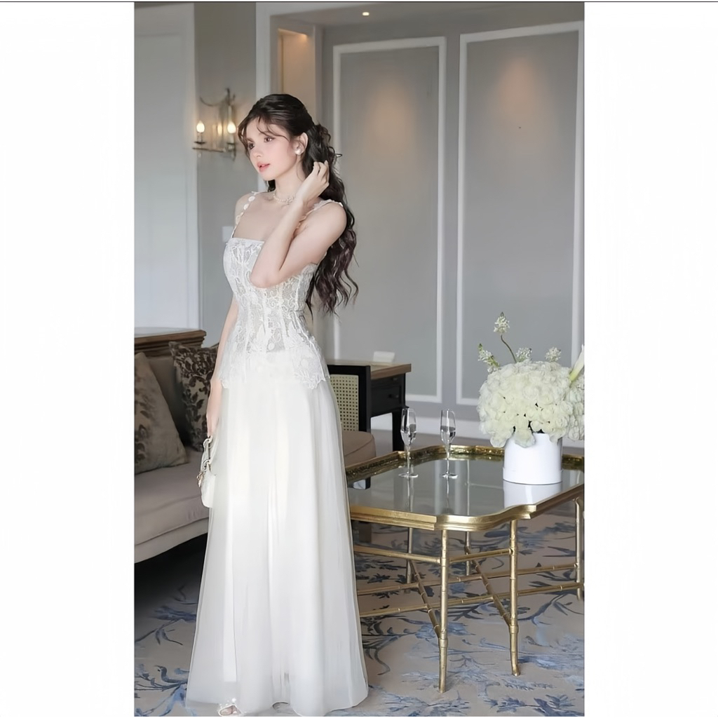 LASY Thời Trang Nữ| Đầm Dự Tiệc 2 Dây Ren Hoa Thiết Kế Tiểu Thư Dáng Xoè