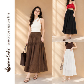 SWANLAKE | Chân Váy Nữ Maxi Dài Dáng Xòe Tầng Lưng Thun Chất Tơ Xốp Hàn Công Sở Dạo Phố V12471