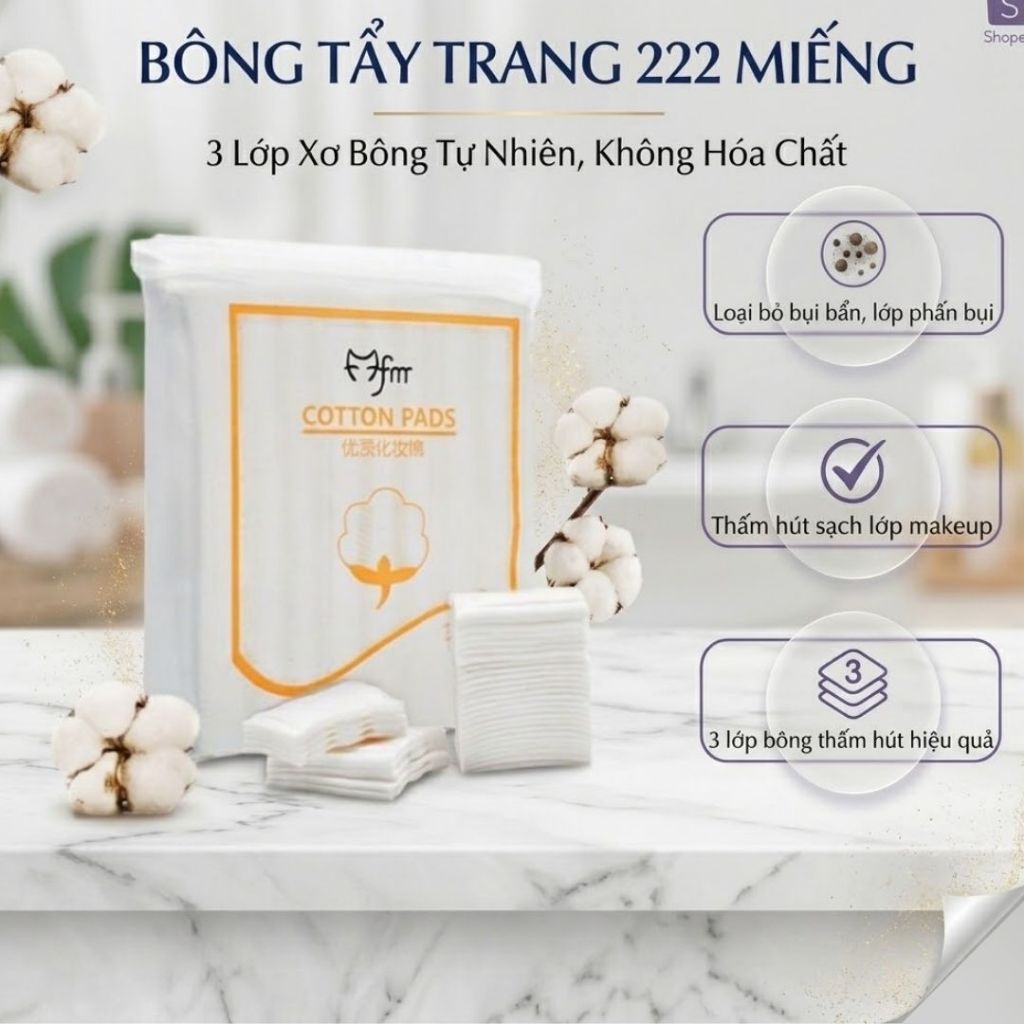 Bông tẩy trang 1 túi 222 miếng Ova cotton pad 3 lớp, chất liệu từ xơ bông tự nhiên