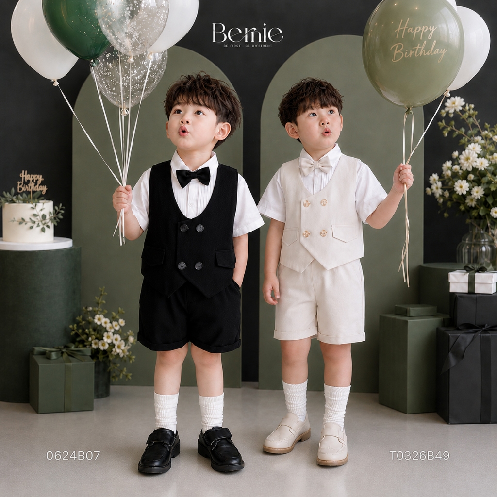 Bộ vest cộc bé trai 4 chi tiết Bernie Đen - Kem sang trọng - Bộ gile bé trai - Bộ công tử cho bé trai 9-23kg - T0326B49