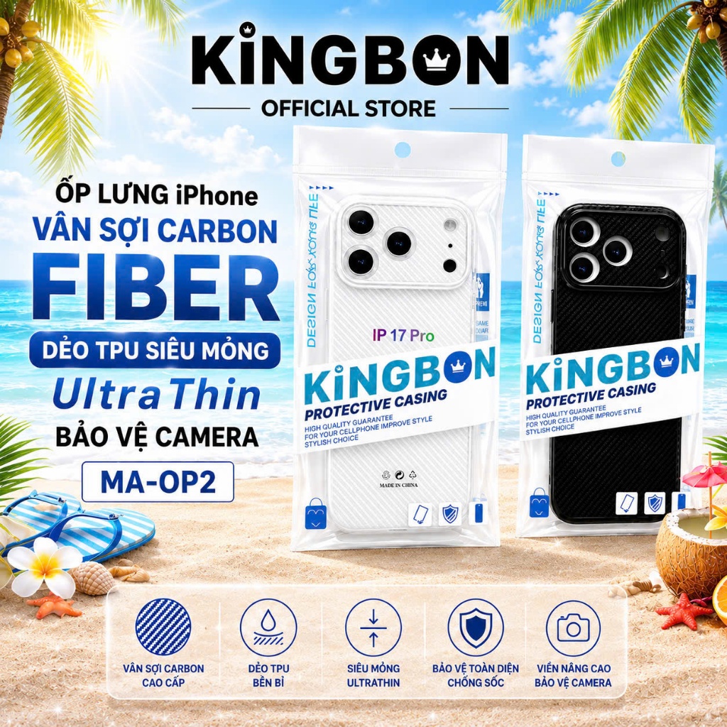 Ốp iPhone KiNGBON Vân Carbon FIBER UltraThin dẻo Siêu Mỏng 0.8mm Nút Bấm Kim Loại MA-0P2